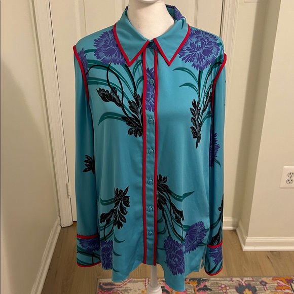 Diane Von Furstenberg Contrasting Piping Floral Silk Shirt Farren Marine Size 8 - Picture 6 of 14